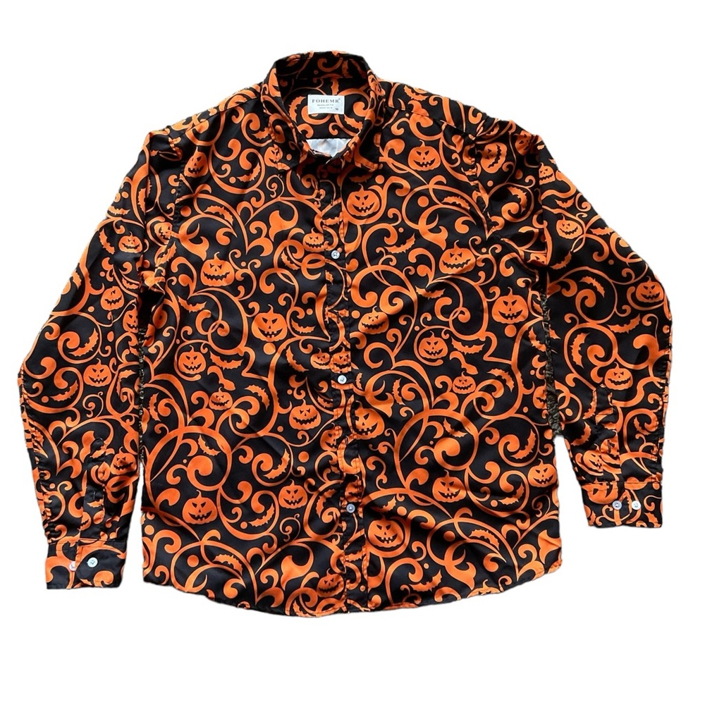 Halloween Shirt for Men Pumpkins Skeleton Short Sleeve Button Down